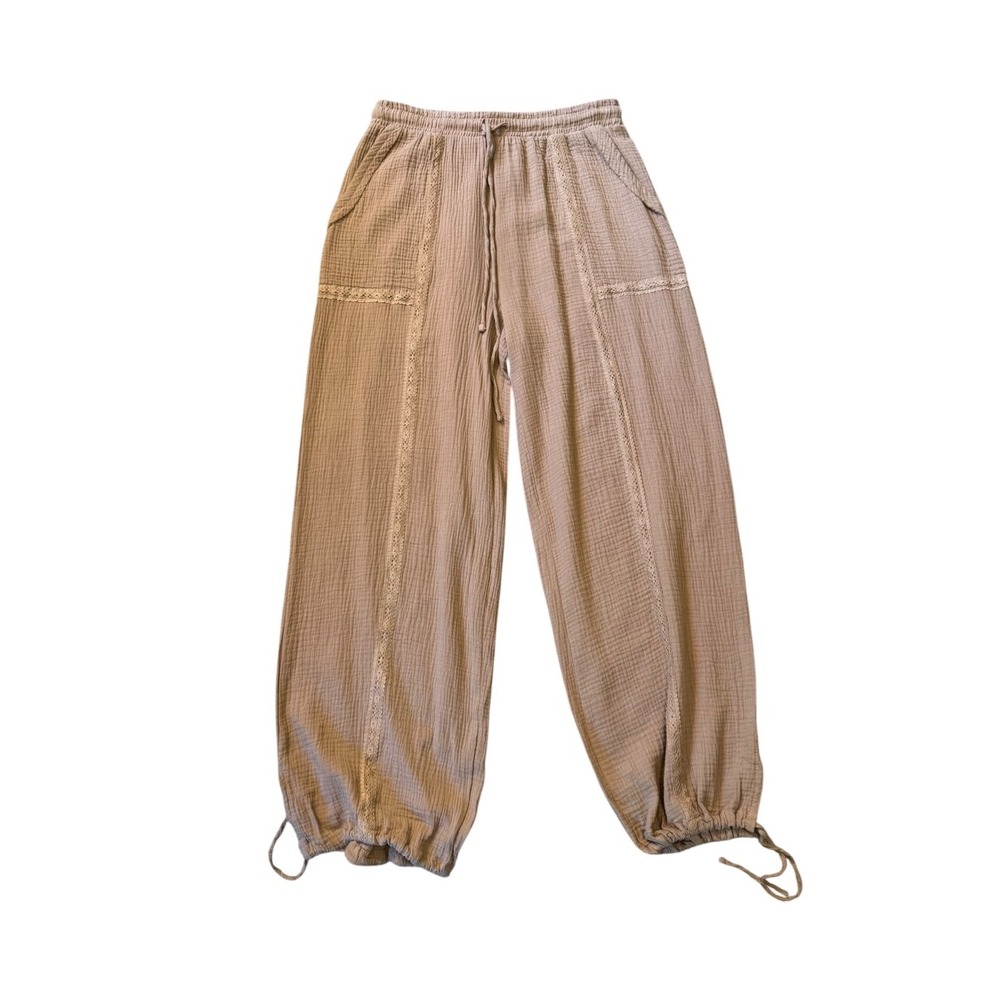 Stella Tweed Brown Cotton Gauze Boho Wide Leg Lace Trim Pants Womens Medium NEW